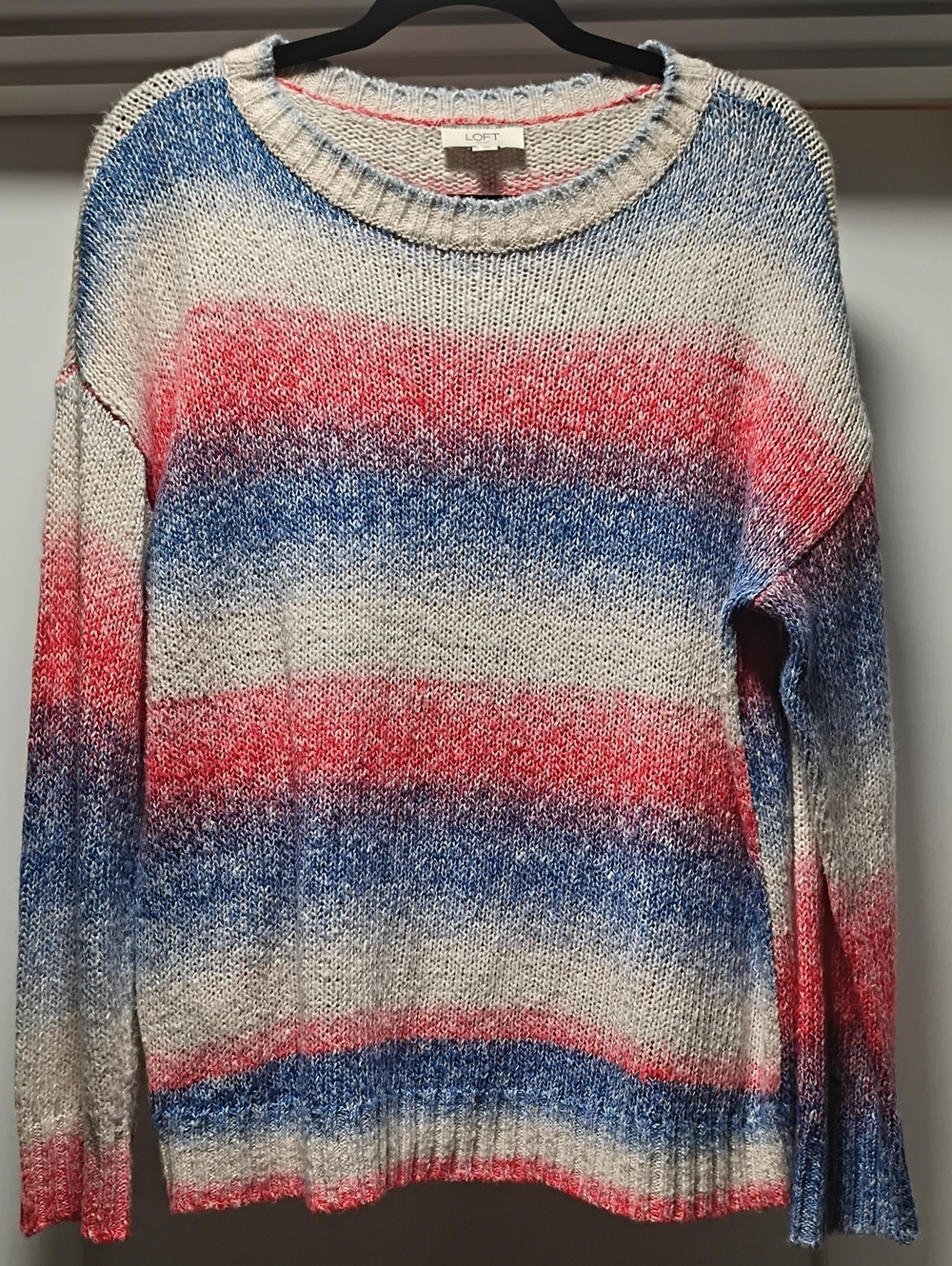 LOFT Pink, Blue & Cream Striped Crewneck Sweater